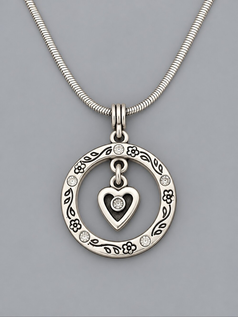BRIGHTON Heart in a Circle Crystal Silver Plated Chain Necklace